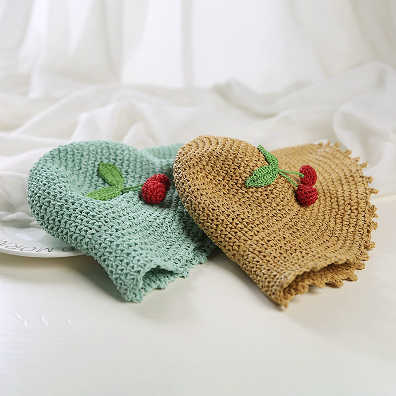 春装韩版新款秋季儿童小樱桃草编遮阳帽户外防晒帽子