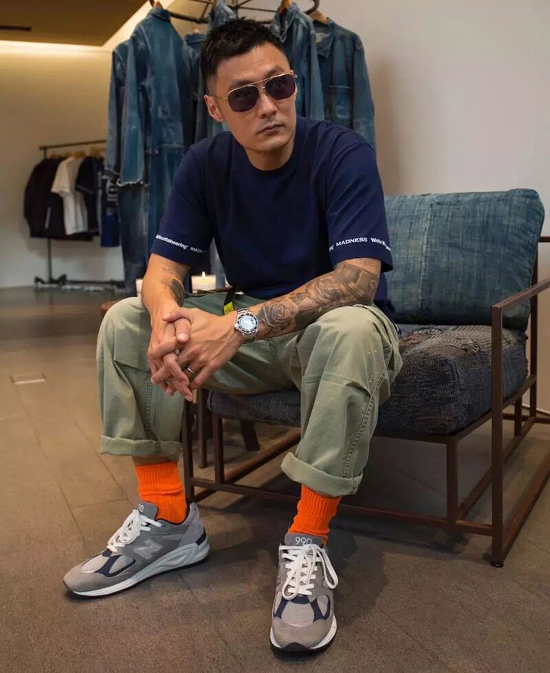 日系潮牌余文乐同款袜子荧光绿橙色纯色复古军事风纯棉加厚运动袜