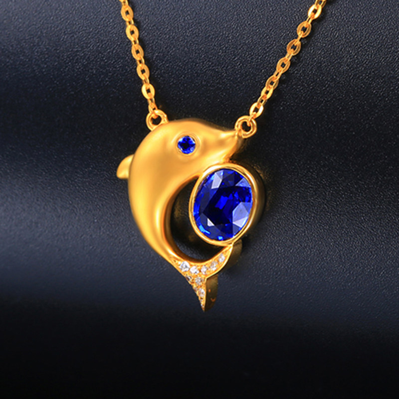 意禄0.728克拉蓝宝石锁骨链女 18k金镶嵌钻石挂坠海豚款彩宝 现货