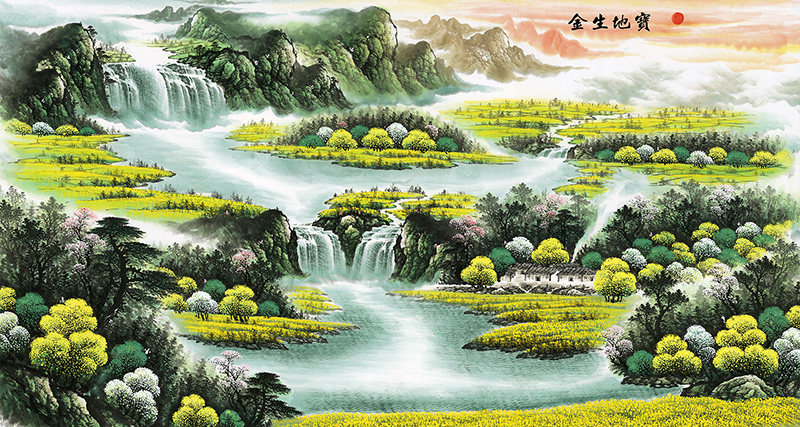 高清宝地生金 山水画风水靠山国画办公室挂画客厅装饰画psd素材