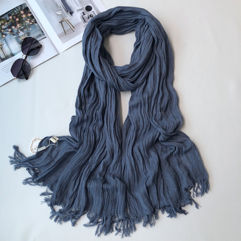 牛仔棉麻围巾男女薄款秋冬季长款百搭文艺褶皱围巾