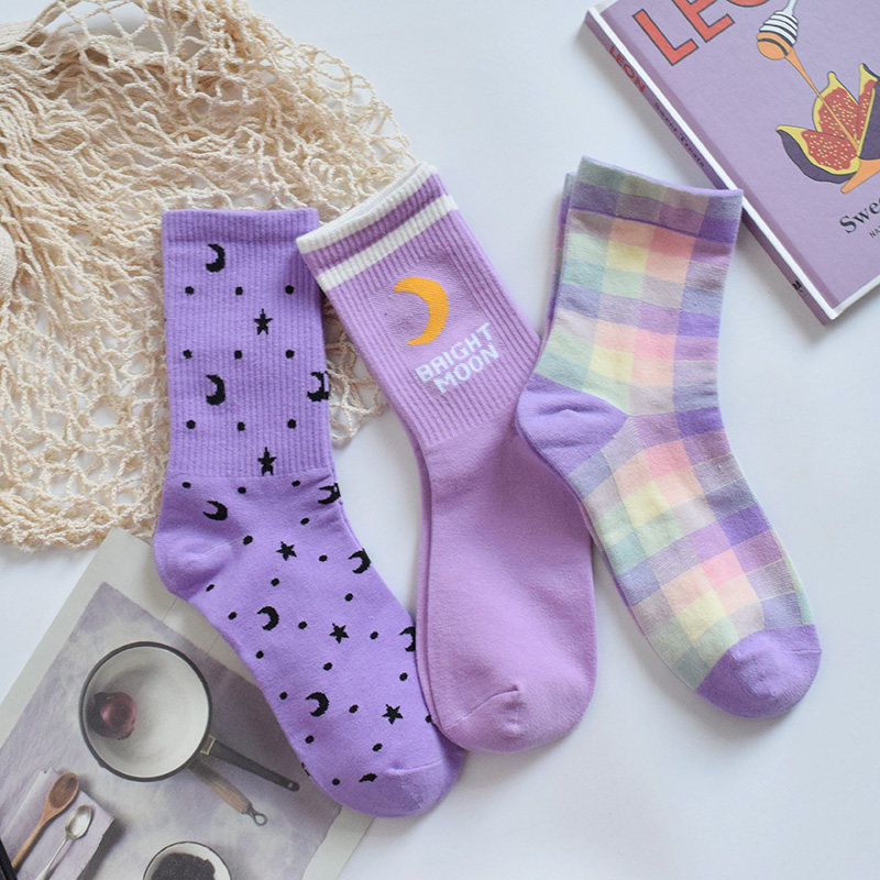 紫色袜子女夏季薄款中筒袜网红ins长筒日系香芋紫堆堆百搭韩国潮