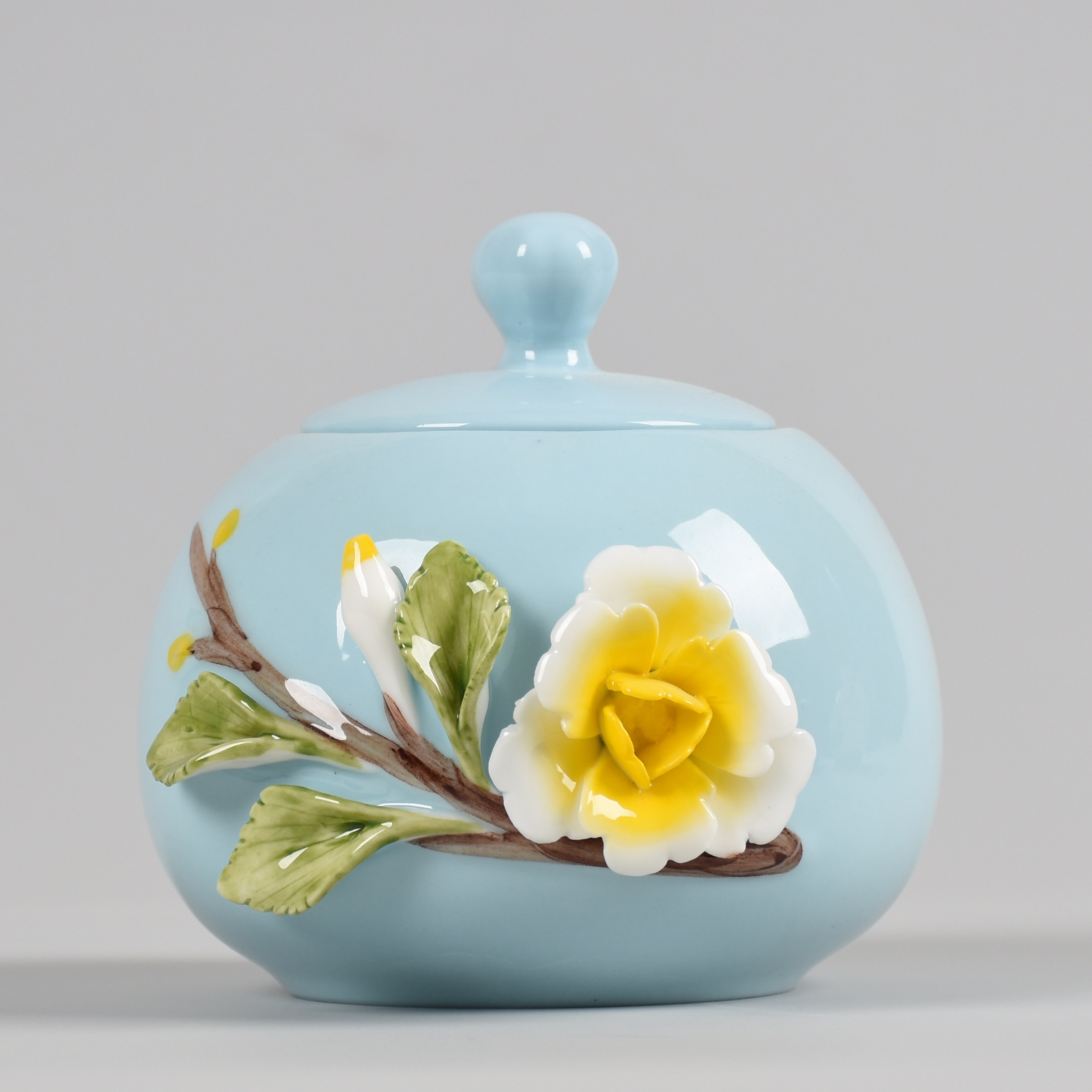 手工立体花绘茶叶罐陶瓷家用高档摆件密封茶叶茶叶罐