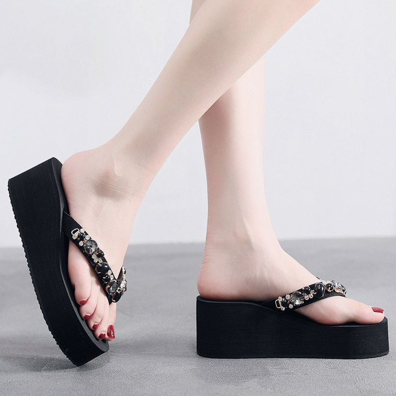 拖鞋高跟水钻人字拖女外穿时尚百搭夹脚厚底人字拖