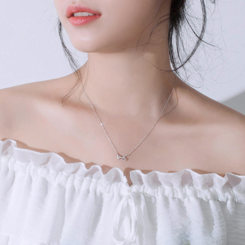 银致s925银项链女韩版简约学生锁骨链蝴蝶结吊坠日韩气质脖子饰品