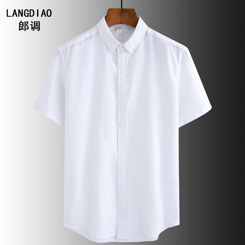 2022夏季方领棉麻衬衫男短袖纯色清爽宽松简约透气薄款亚麻寸衫