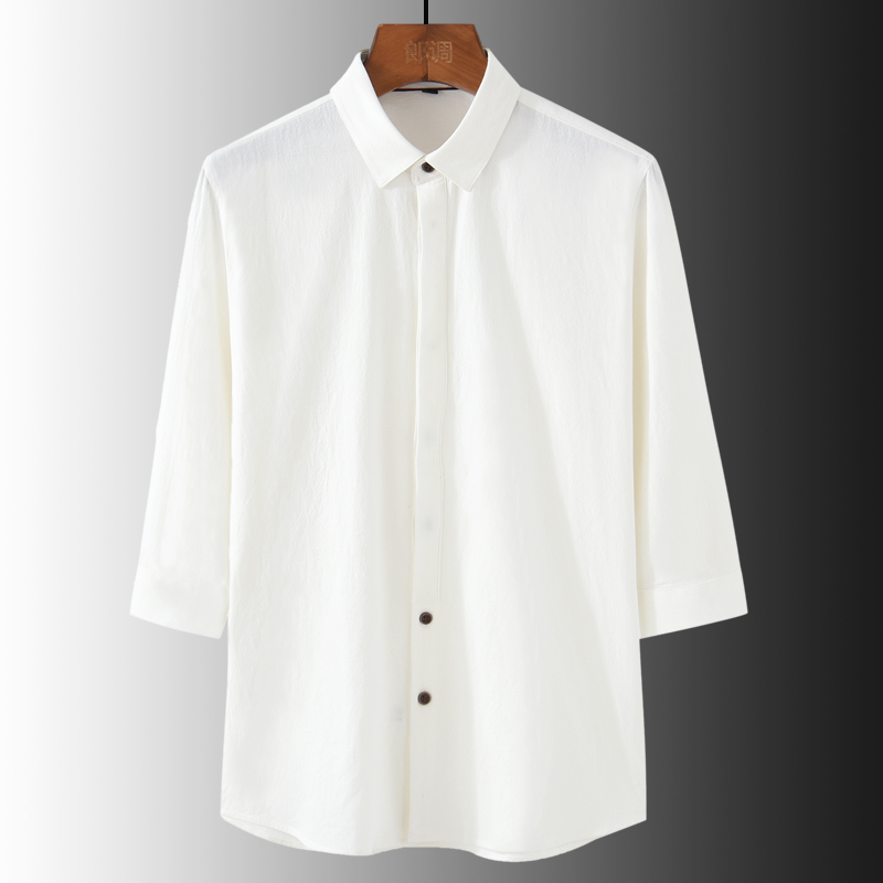 翻领纯色七分袖短袖衬衫男夏季新款简约修身薄款纯棉休闲百搭上衣