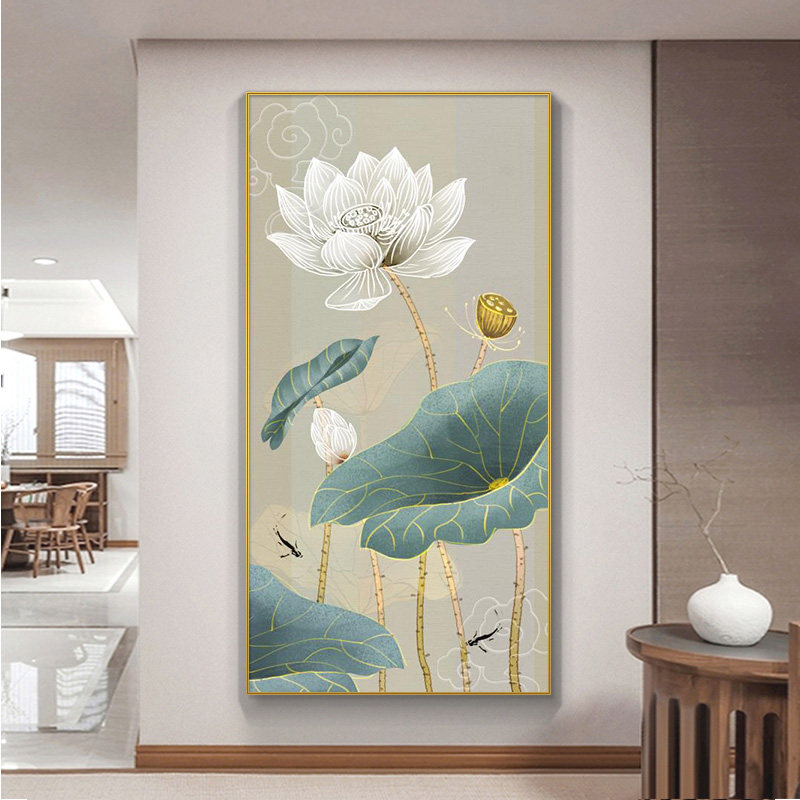 楼梯新中式过道荷叶荷花挂画尽头走廊竖版装饰画现代装饰画