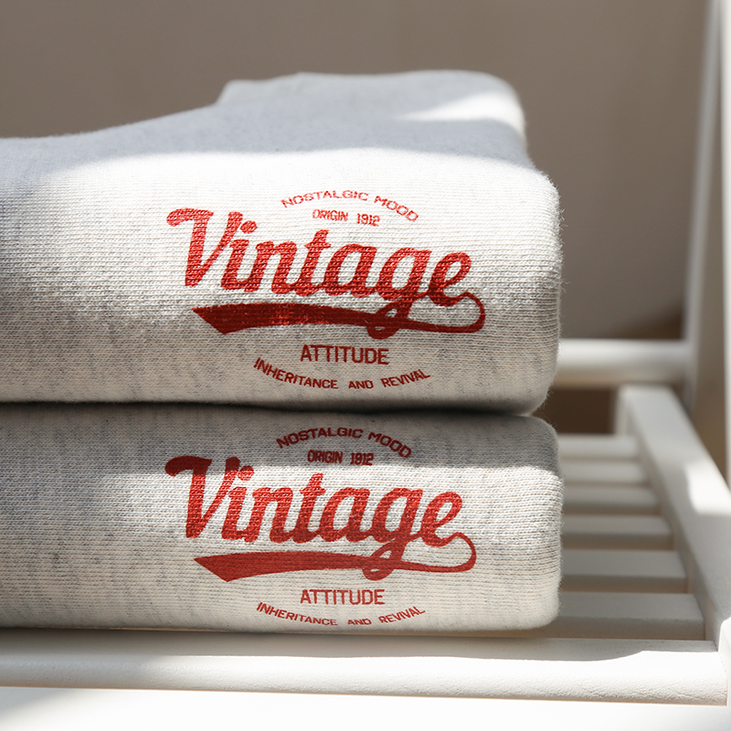 vintage 460g重磅自制字母印花卫衣 雪花灰纯棉宽松日系咔叽上衣