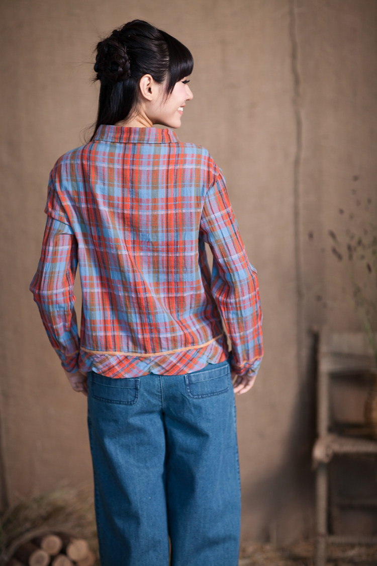 棉麻世家正品斯琴风格2022秋新上衣衬衫格子衬衫