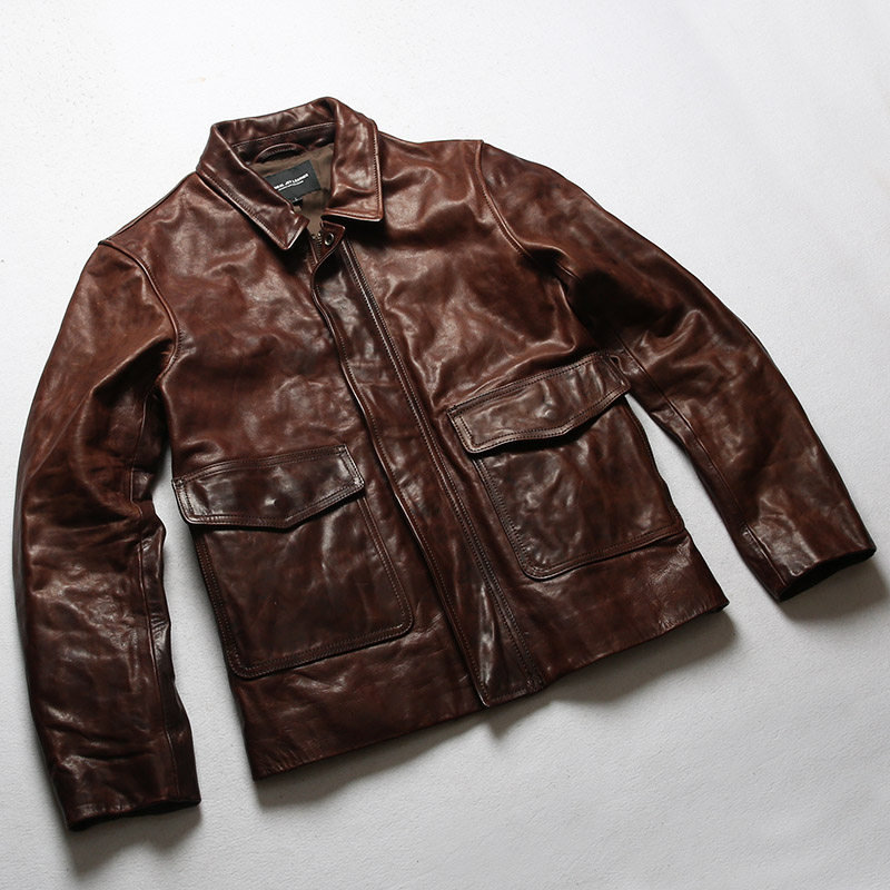 夺宝奇兵蜡染头层马皮复古翻领修身短款机车皮夹克皮衣