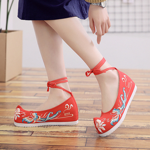 绑带千层底加绒百搭 内增高翘头弓鞋 女秋冬古风绣花鞋 绣清风汉服鞋