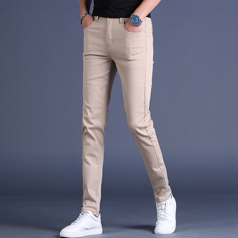 2022年夏季弹力男士牛仔裤男潮牌修身小脚潮流弹力休闲裤子卡其色