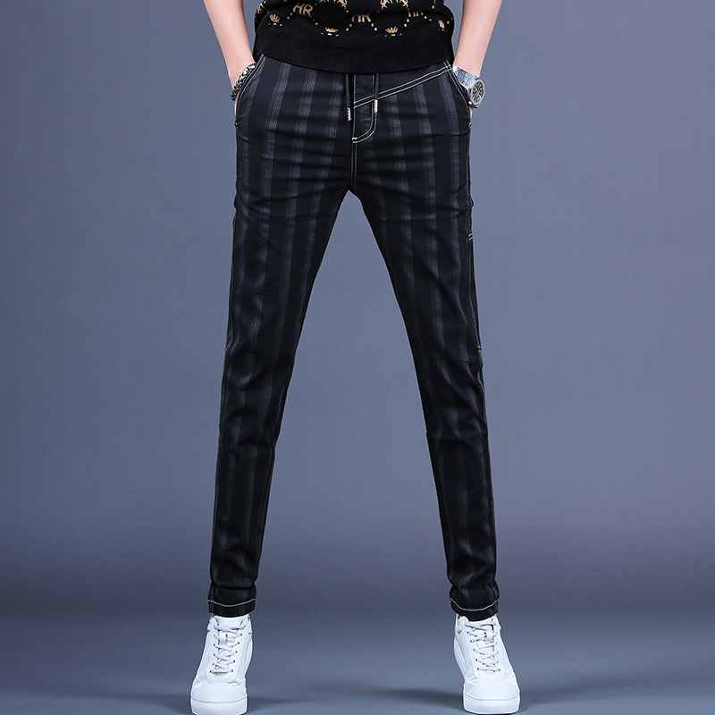 秋冬新款男士休闲裤男条纹修身显瘦百搭运动小脚裤子潮流黑色男裤