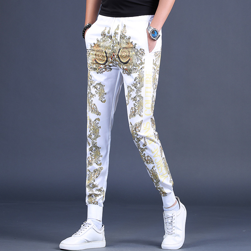 欧洲站休闲裤子男夏季薄款潮牌白色印花潮流修身冰丝运动裤男裤潮