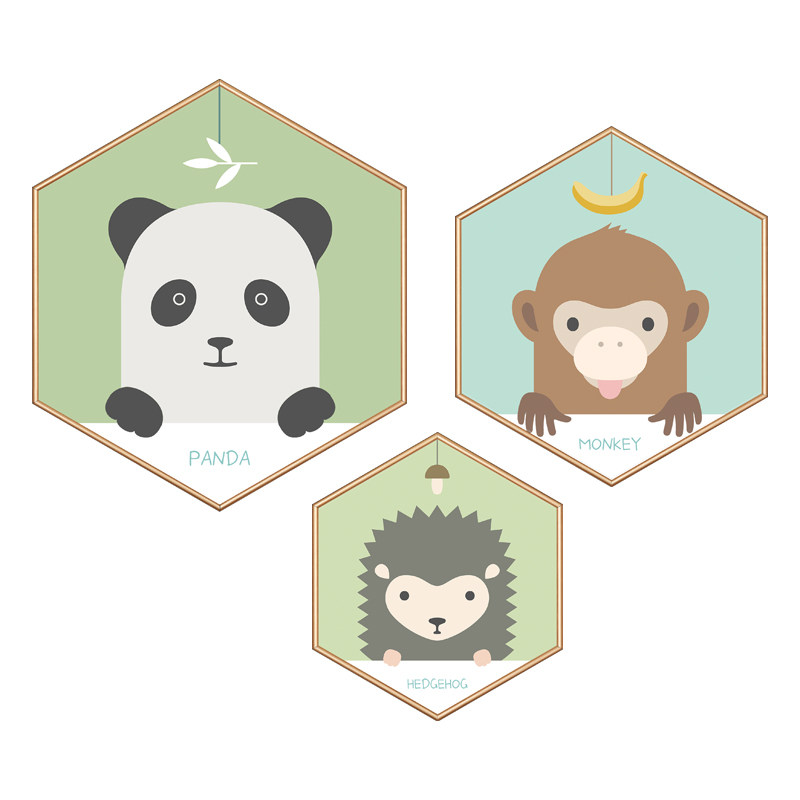 装饰画择一北欧六边形儿童卧室卡通动物挂画现代现代装饰画