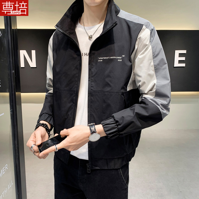 2022春季新款男士夹克日系休闲百搭拼接上衣单褂子男装帅气薄外套