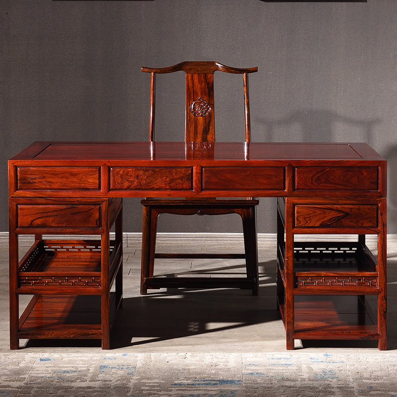 徽凹黄檀书桌办公桌电脑桌三组合书柜红酸枝中式写字台红木家具