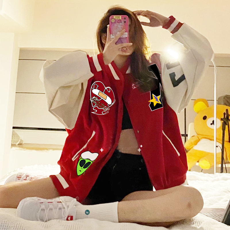红色棒球服外套男早春秋季款ins潮牌情侣装vintage设计感小众夹克