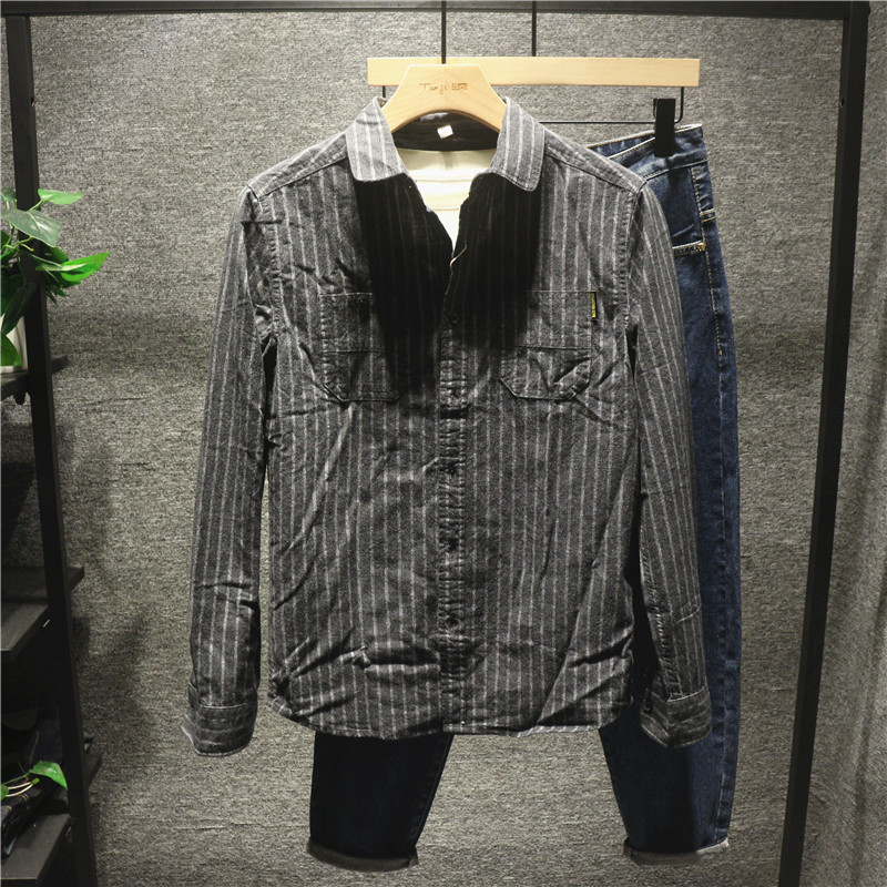 魔舰日系复古原宿风痞帅条纹衬衫男韩版潮流百搭休闲翻领外套上衣