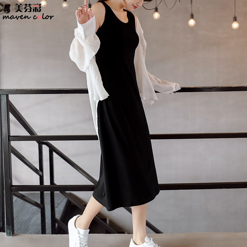 圆领过膝无袖背心长裙女夏款外穿黑色显瘦纯棉连衣裙