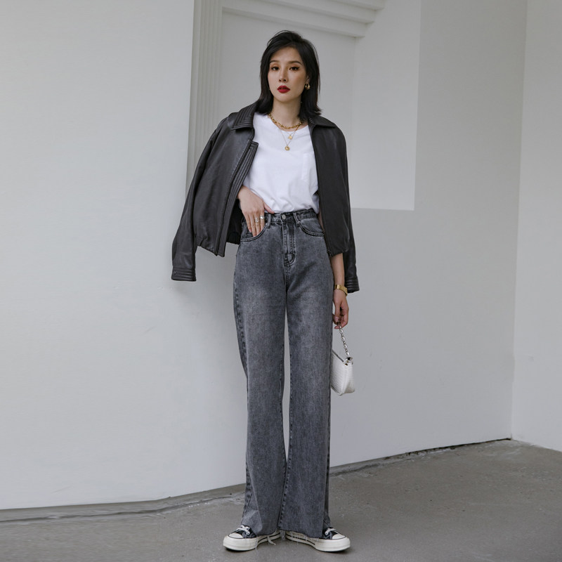 烟灰灰色微喇喇叭牛仔裤女高高腰2020年秋季新款牛仔裤
