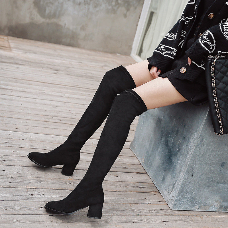 2021瘦腿高跟过膝力高弹力性感新款黑色子女时装靴
