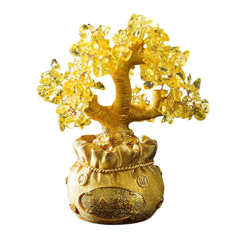 招财黄水晶聚宝盆发财树摆件客厅玄关酒柜摇钱树装饰摆件