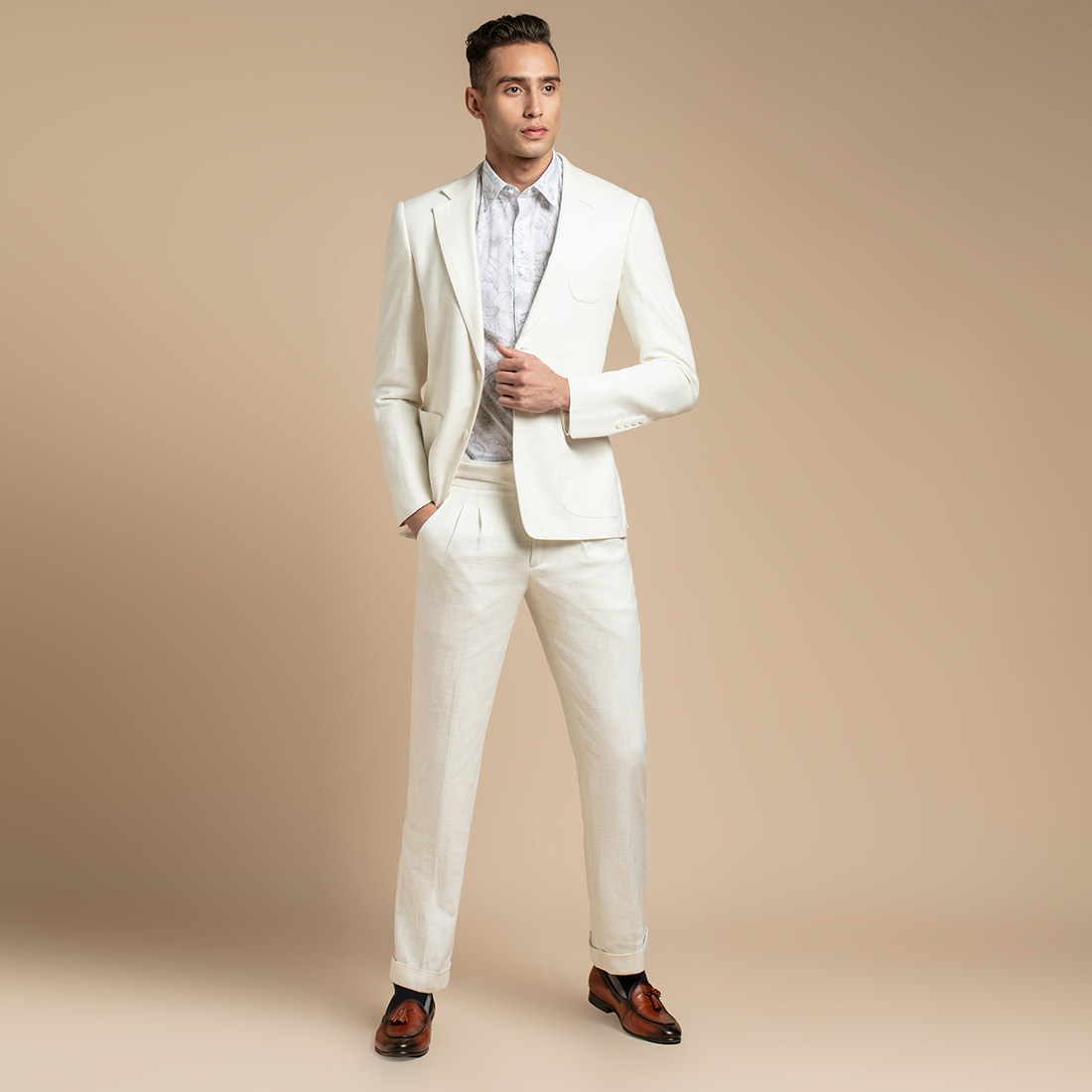 gievescharles春夏新款商务休闲男士优质亚麻白色西服套装