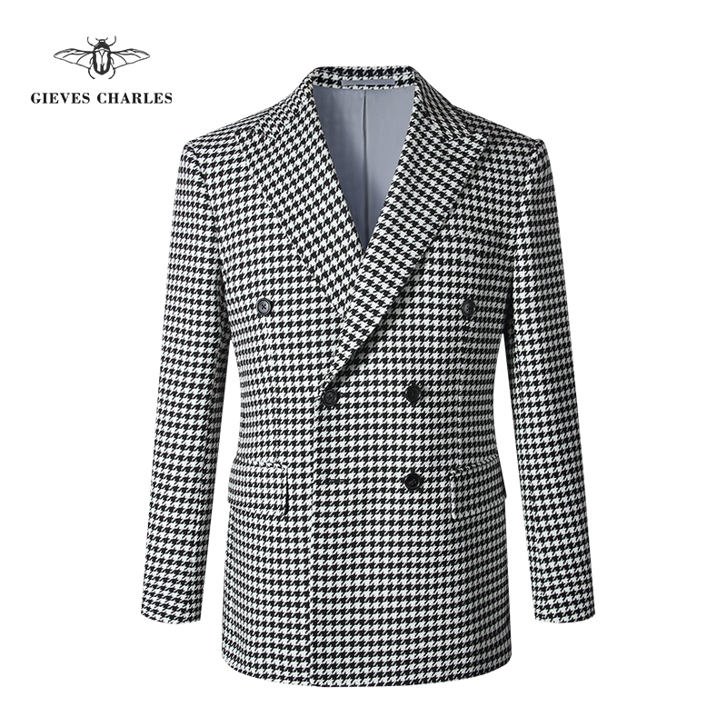 【2022新款】男士双排扣千鸟格针织羊毛休闲西服男商务西装外套