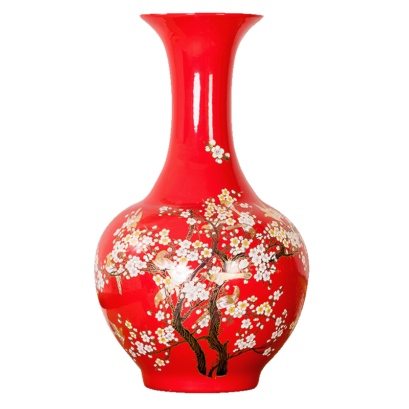 景德镇陶瓷器喜上眉梢中国红色花瓶卧室装饰品书房新中式花瓶