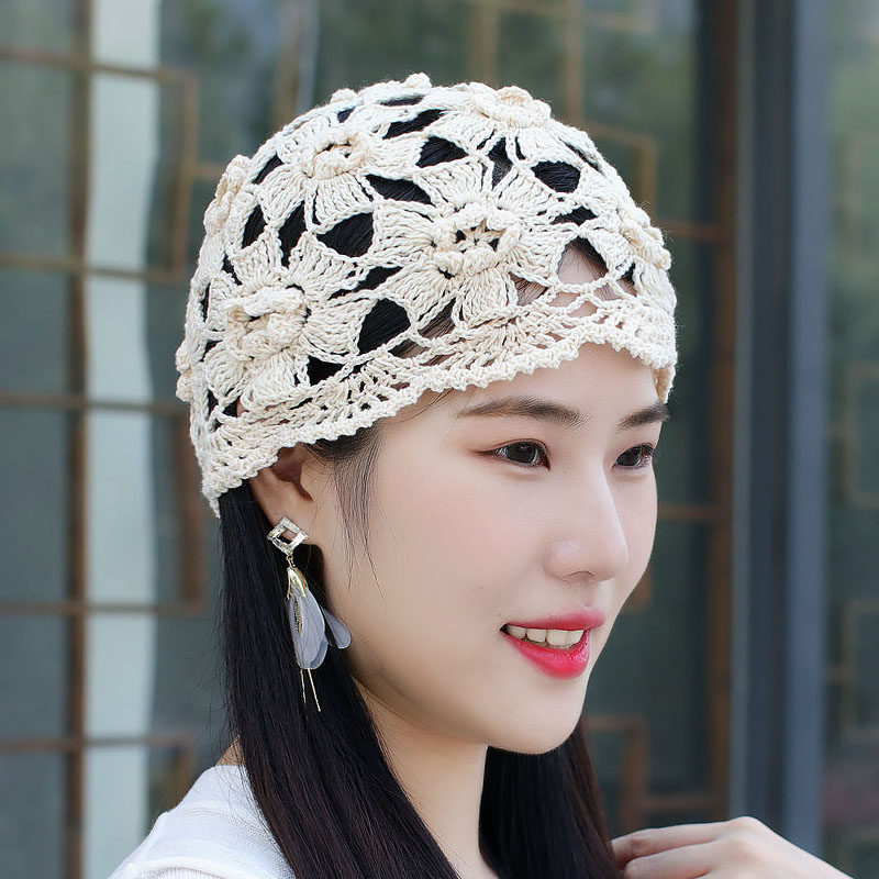 2021年新品帽秋针织钩线钩花瓜皮皮帽白发包头帽子