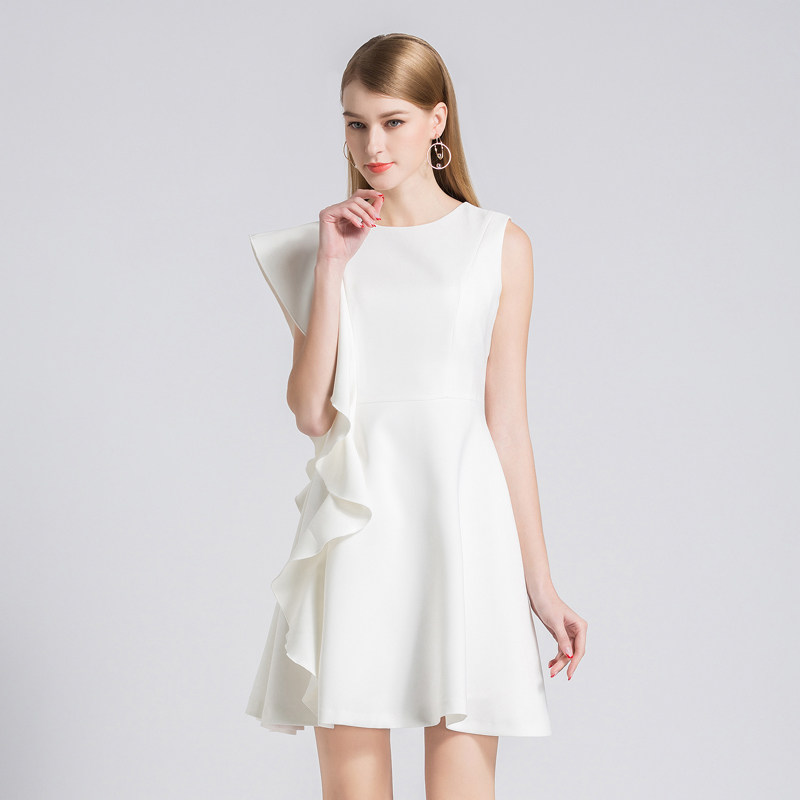2019秋装新品欧美女装白色修身x型荷叶边裙子无袖聚会礼服连衣裙