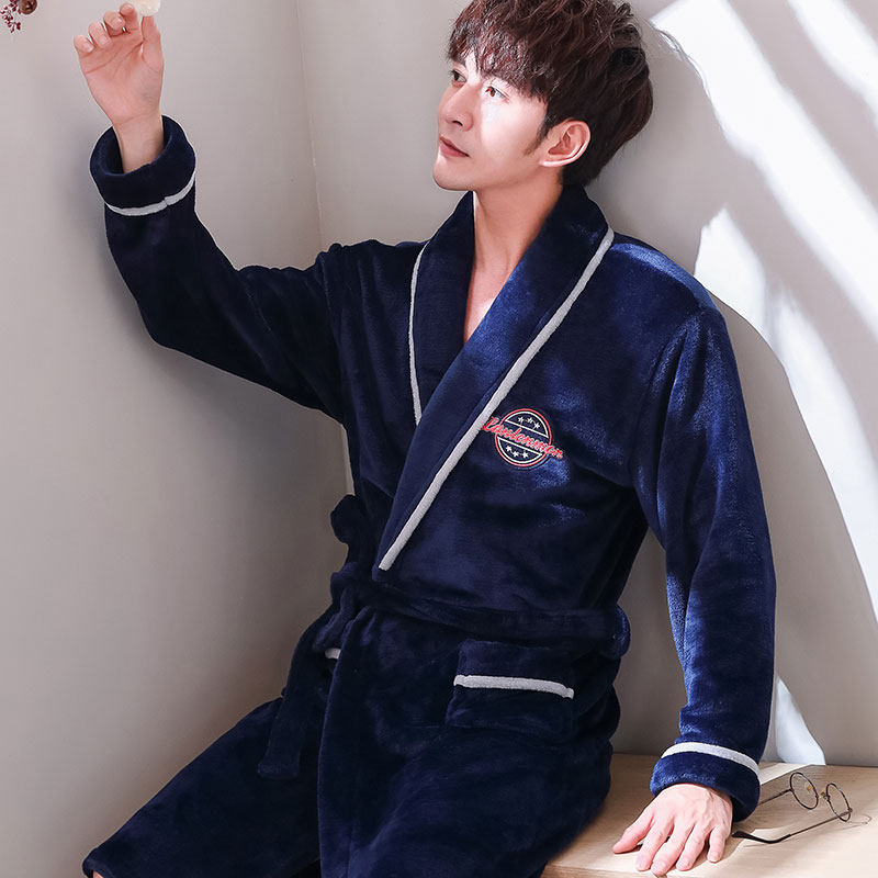 春夏季男士睡袍浴袍法兰绒长袖青少年学生加厚珊瑚睡袍