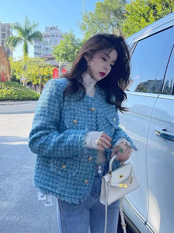 蓝色小香风短外套秋冬2022新款韩系金属气质高级短外套