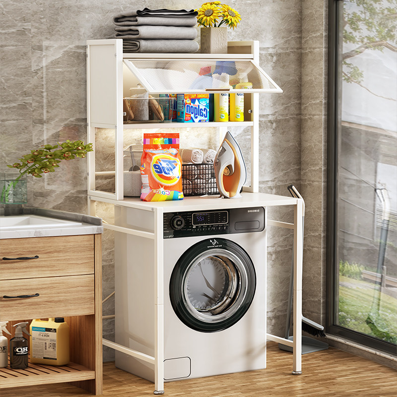 带柜门洗衣机置物架上方翻盖储物阳台落地滚筒波轮洗衣机收纳架子