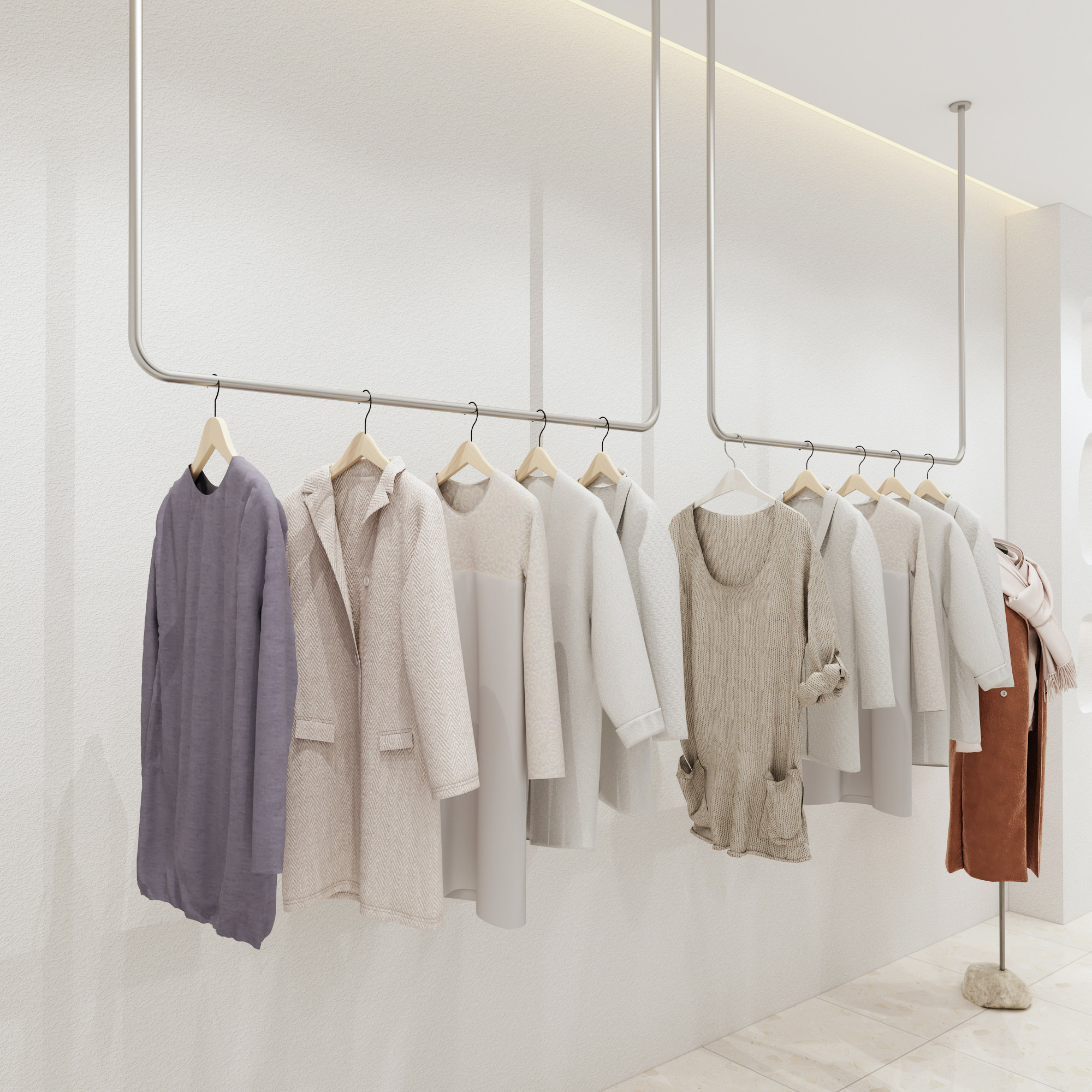 服装店银色衣架挂衣吊顶悬吊女装拉丝展示不锈钢服装展示架