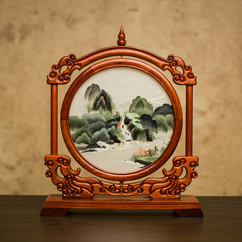 刺绣摆件成品古典中式桌面摆台手工台屏红木刺绣