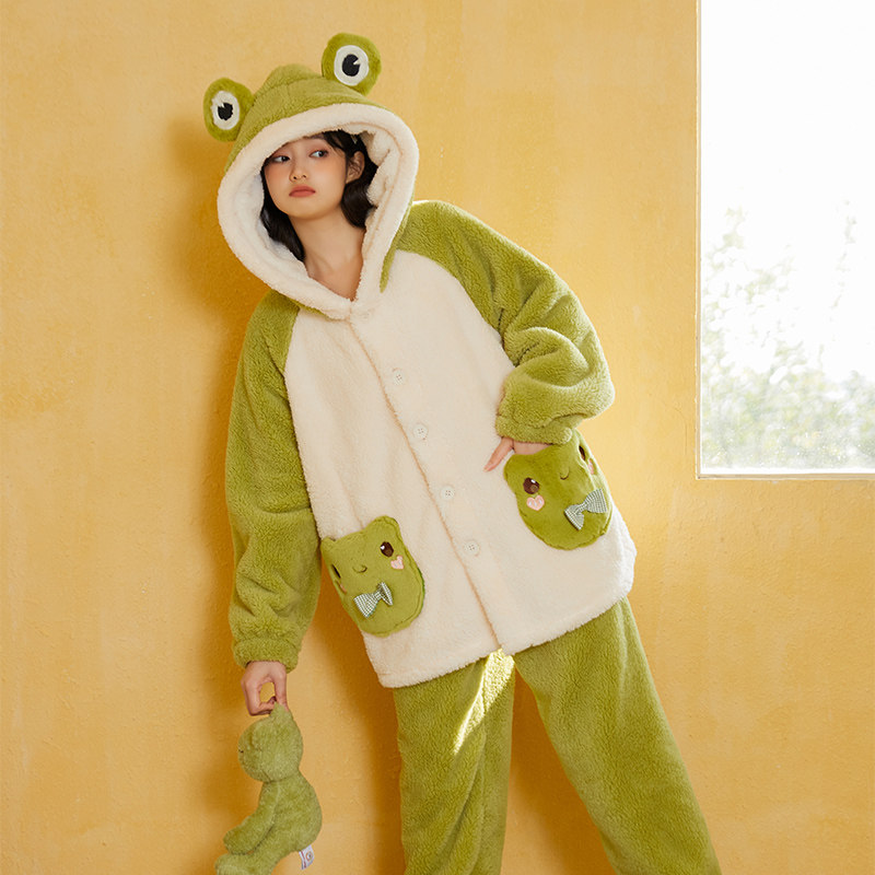 棉籽壳可爱小青蛙珊瑚瑚绒睡衣套装冬季新款睡衣