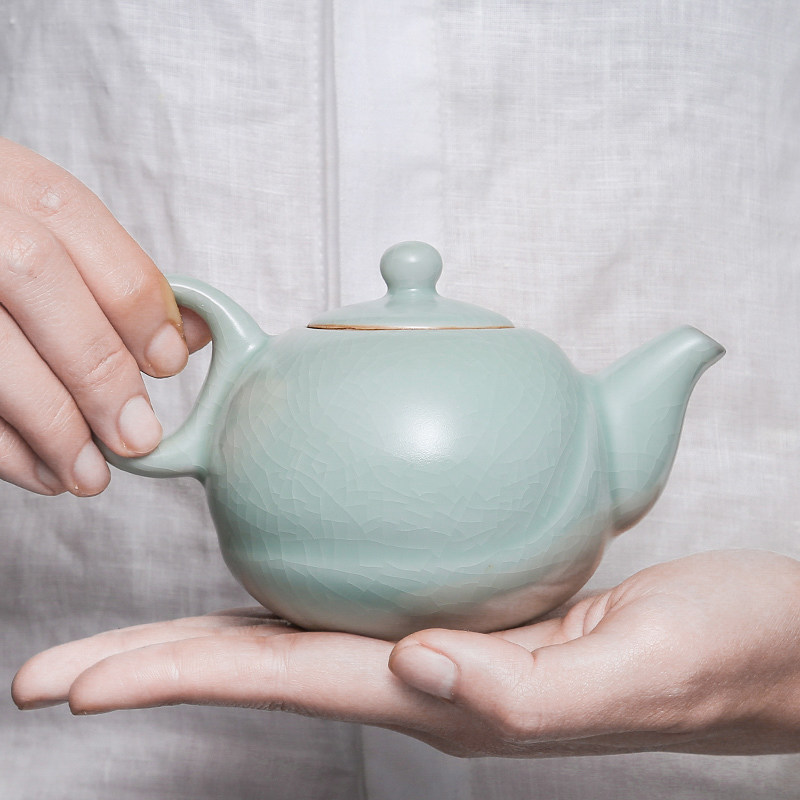汝道中号茶壶汝窑精品功夫茶具陶瓷泡茶器汝瓷开片可养单壶半月壶