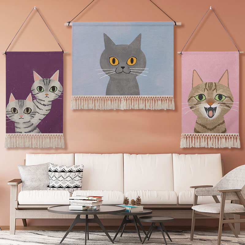 可爱可爱猫猫咪插画挂毯公主墙面装饰棉麻挂布挂毯