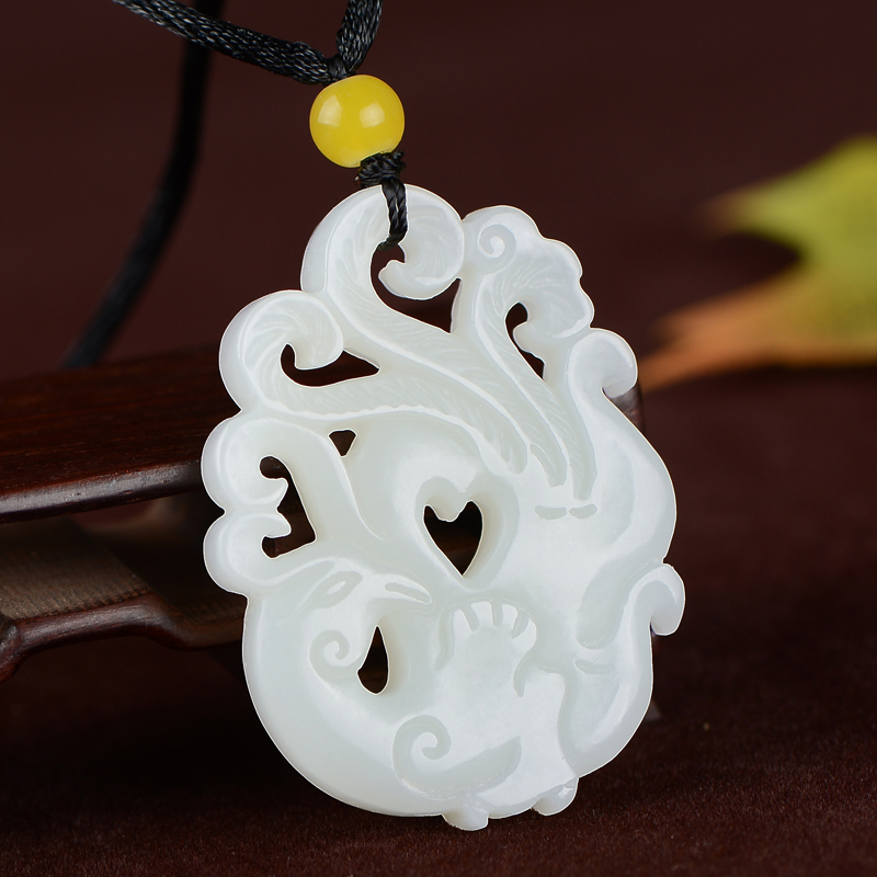 侍帝双面白玉凤凰玉佩新疆玉器挂件 天然和田玉凤凰吊坠 女毛衣链