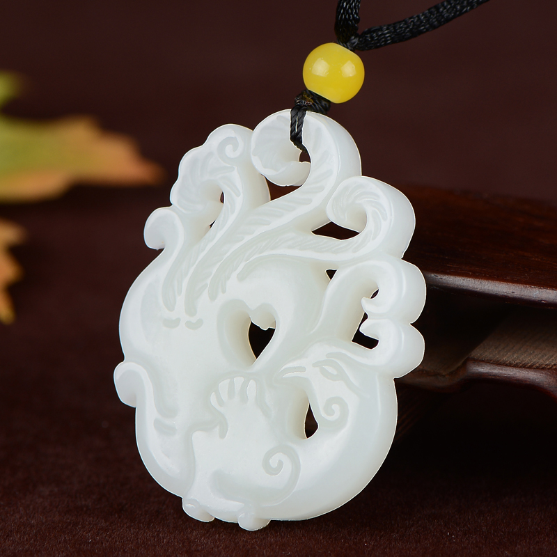 玉凤凰侍帝双面白玉玉佩新疆玉器挂件天然和田颈饰