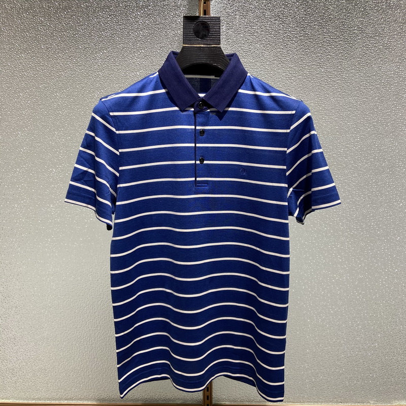 少有的带LOGO金2022年夏季新款时尚翻领槡蚕丝条纹商务短袖T恤