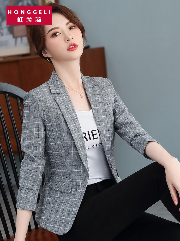 浅色格子西装外套女韩国英伦风时尚短款2019春秋新款流行韩版上衣