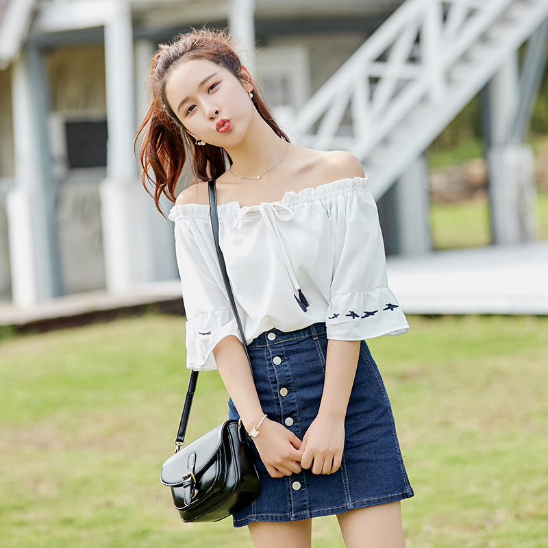 短袖t恤女2018夏季新款韩版宽松一字领露肩雪纺衫喇叭袖女上衣