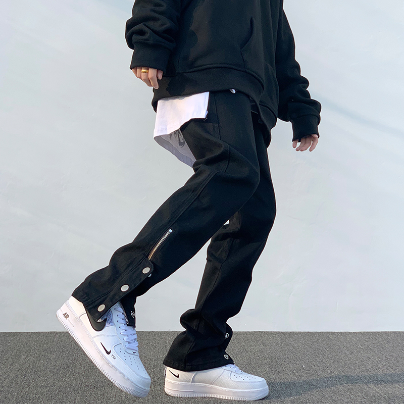 黑色破洞高街裤子男夏季ins潮裤脚拉链开衩排扣嘻哈宽松直筒长裤