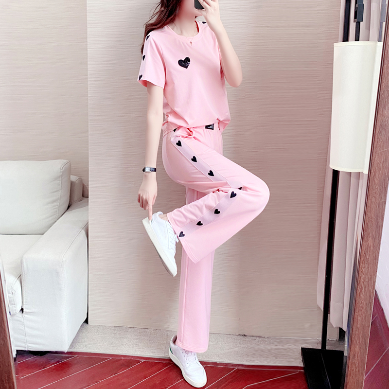 运动休闲套装女夏2021新款时尚韩版宽松洋气减龄粉色欧货潮两件套