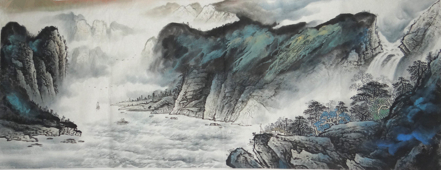 六尺纯手绘彩山水画横幅泼彩泼墨国画风水画芯国画