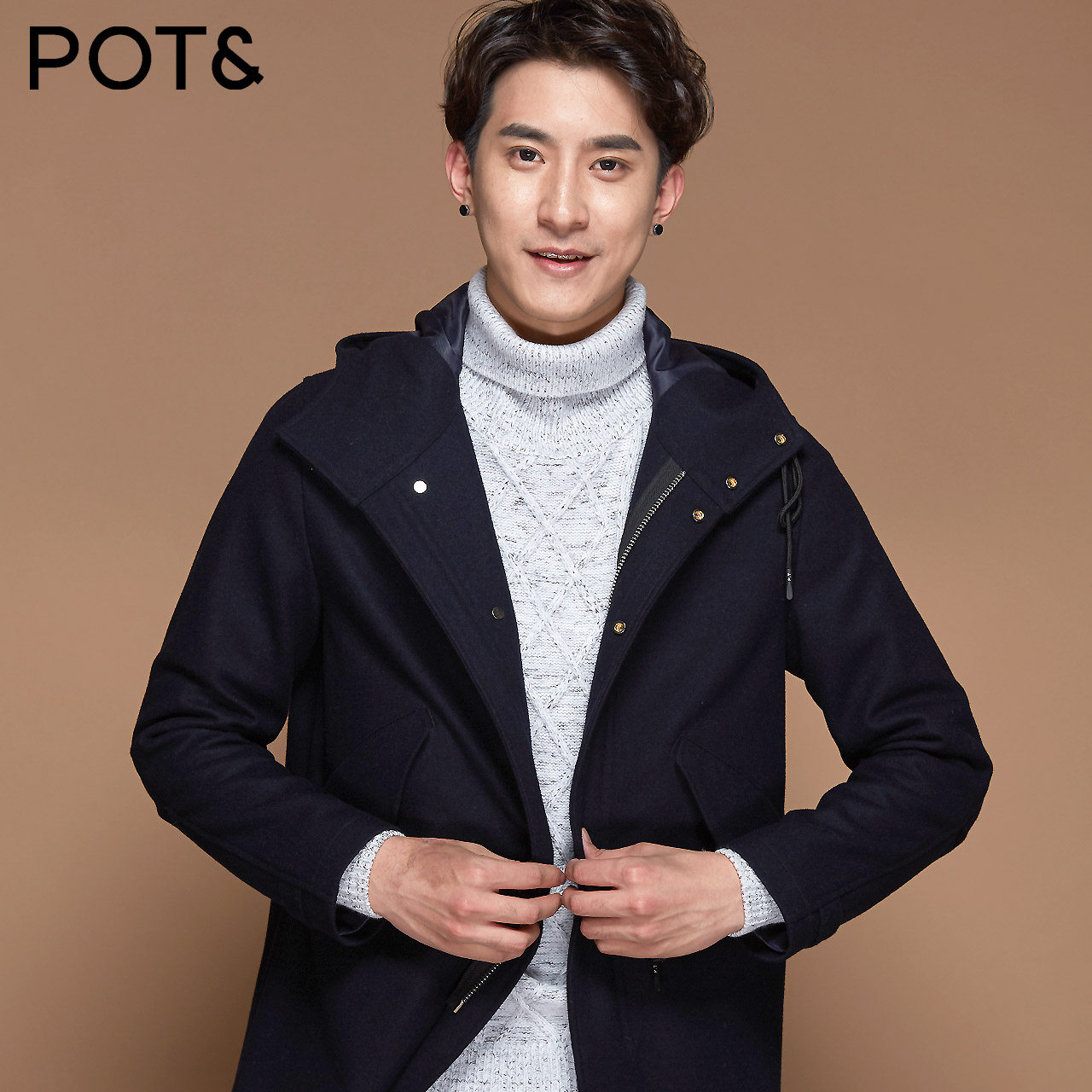 pote拉夏贝尔 冬新品男士宽松羊毛连帽保暖大衣商场同款a